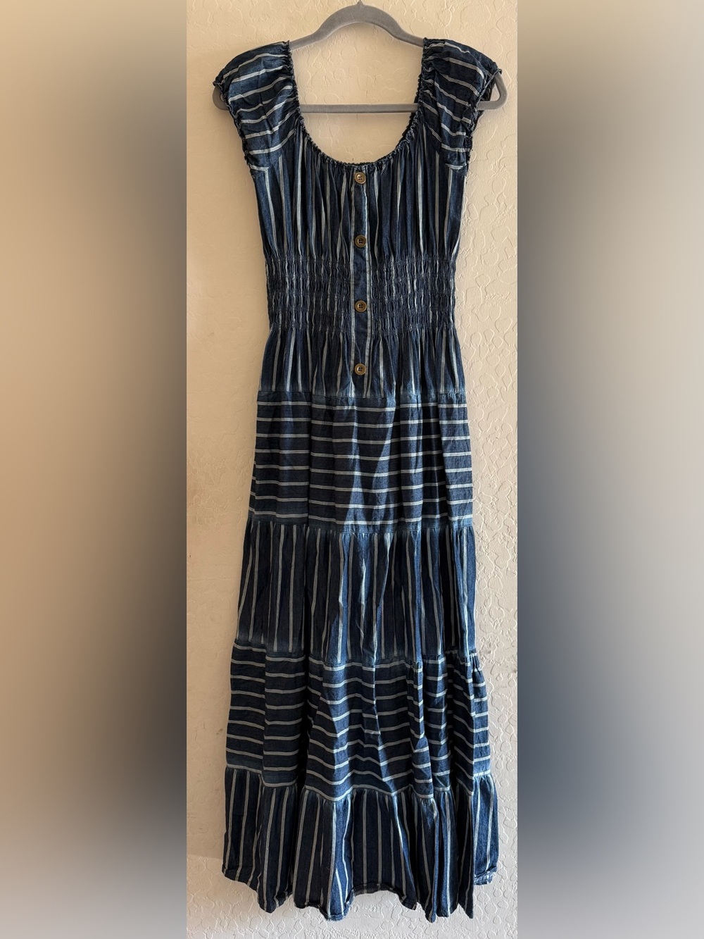 Lapis, large, 100% cotton boho smocked bodice, button-down front, & tiered skirt